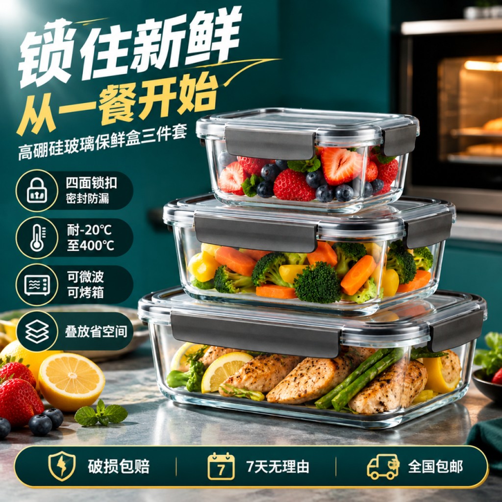 玻璃保鲜盒产品卖点电商主图案例